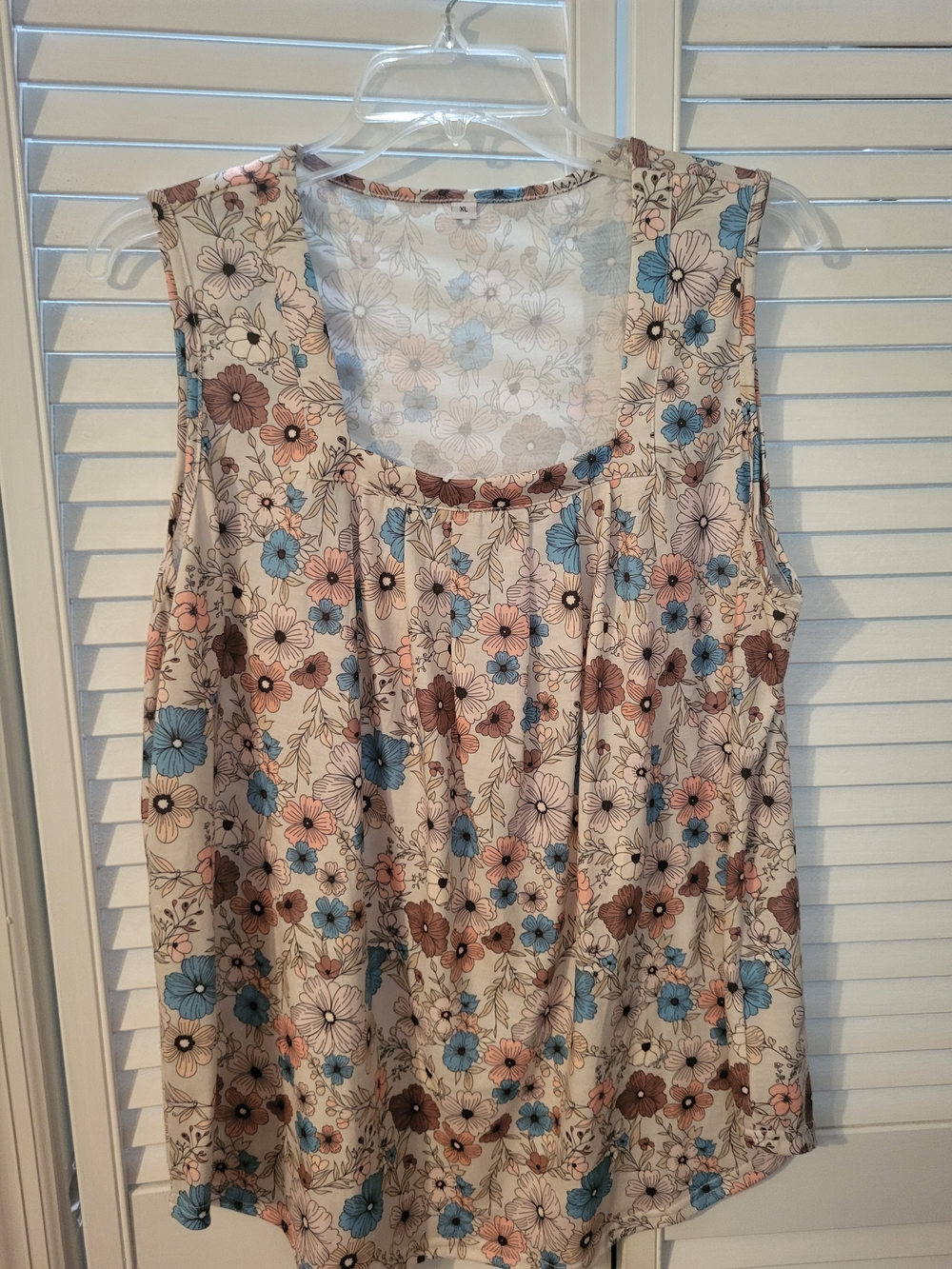 Floral Square Neck Sleeveless Top - Cream with Blue & Brown Flowers